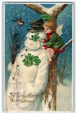 1910 Christmas Snowman Angel Shamrock Bird Snowfall Winter Clapsaddle Postcard picture