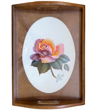 Vintage 1987 Wood Tray Artist Signed Glass Top Watercolor Art Floral Rose 9