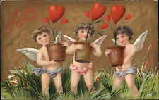 Christmas Fantasy Cupids with Heart Plants Pots c1910 Vintage Postcard picture