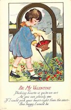 c.1918, Little Girl pickinga Crop of Hearts,  Flowers, Valentine, Old Postcard picture