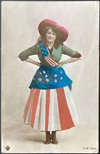 JULY FOURTH AMERICANA C.1909 PC. (A55)~YOUNG LADY IN PATRIOTIC FLAG DRESS OUTFIT picture