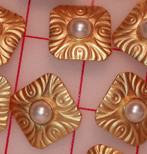 5 Magnificent Vintage Gold Metal Shank Buttons Wavy Engrave With Center Pearl 1