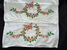 Vintage Hand Embroidered Crocheted Pillowcases Set of 2 Orange Floral Butterfly picture
