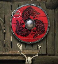 Fenrir Red Wolf Authentic Battleworn Viking Shield Wooden Medieval Round Shield picture