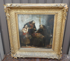 Antique 19thc religious Oil panel painting beggars getting food monk rare signed picture