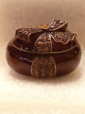 Vintage Enameled Brass Trinket Box w/ Amber Stones & Hinged Magnetic Lid picture