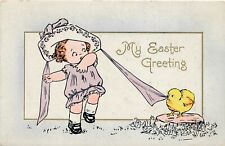 EASTER - Chick Pulling on Her Hat Ribbon My Easter Greeting - 1919 picture