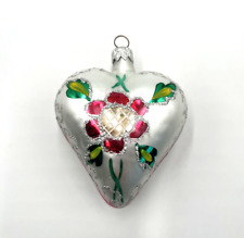 Vintage Blown Glass Christmas Ornament Heart Shape with Flower Floral Design picture