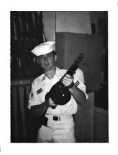 Vintage 1960 Old Photo of Cute Man US Sailor Wearing Uniform Holding Machine Gun picture