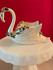 Vintage White Floral Porcelain Swan Planter Dish w/ roses and leaves gold trim picture