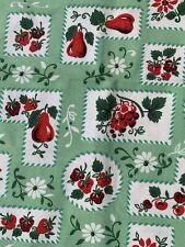 Vintage 1950s Green Red Strawberry Fruit Tablecloth Cotton Fabric 36” X 37” picture
