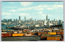 Mid Manhattan Skyline NY Postcard UNP NJ Commercial Docks Cargo Ships Trains picture