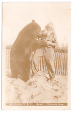 Spikehorn Meyers and Bear Standing Fence Harrison MI Sepia Tone RPPC Postcard picture
