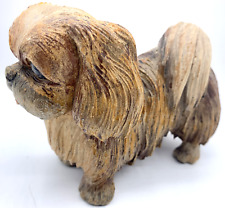 Wooden Carved Pekingese Dog Figurine Vintage 4.5 x 6.5 picture