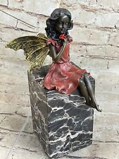Fairy Angel Girl Holding Flower Bronze Figurine Bookend Sculpture Decor Marble picture