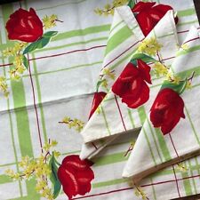 Genuine Vintage Wilendur Tablecloth with 4 Napkins Tulip Plaid Cotton in Red picture