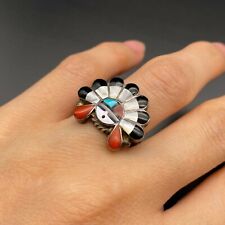 Vintage Zuni Sun Face Kachina Turquoise Coral MOP Sterling Silver  Ring Size 5.5 picture