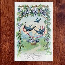 Barn Swallow Birds With Violets Birthday Postcard c1908 : S. Langsdorf & Co. picture