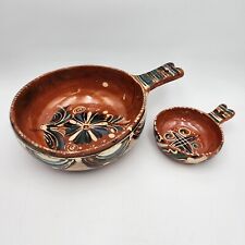 Mexican Red Clay Vintage Hand Painted Art Pottery Bowls Set Of 2 With Handles picture