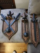 VINTAGE 1970's MEDIEVAL WALL ART SWORDS GOTHIC WEAPONS STEEL WOOD Made in Mexico picture