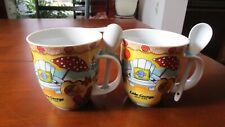 2 LARGE CERAMIC SOUP CUPS WITH ATTACHED SPOONS picture