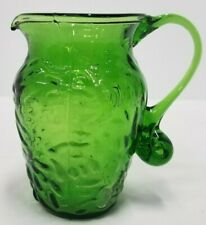 Vintage Green Glass Cream Personal Pitcher Textured Curled Handle  picture