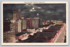 1930s Dallas, Texas Skyline Vintage Linen Postcard Night Time Moon Aerial picture