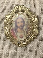 NEW*LG. FRENCH REPRODUCTION SACRED HEART JESUS W/LAMB CAMEO BROOCH.G crown bezel picture