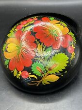Vintage Russian USSR Round Lacquered Wood Floral Hand Painted Covered Box Signed picture