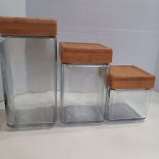 Set Of Three(3) ANCHOR HOCKING Square Glass Jar With Bamboo Lid- USA picture