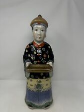 asian man statue large 18” floral robe holding serving tray heavy decor ceramic picture