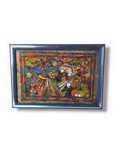 Vintage Mexican Folk Art Painting Birds Flowers Amate Bark Paper Framed picture