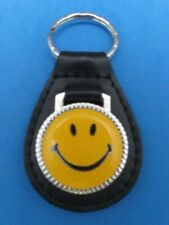 Vintage Smiley Face genuine grain leather keyring key fob keychain - Collectible picture