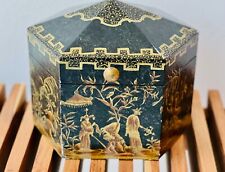 Vintage wood and lacquer hand painted hexagonal box picture