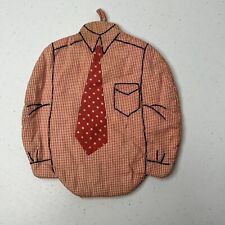 Vintage Men's Shirt with Tie Potholder Red with Black Embroidery Clean Tiny Hole picture