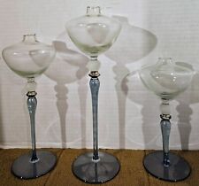 Set Of 3 Art Glass Hand Crafted Ice Blue & Clear Long Stem Oil Lamps No Wicks  picture