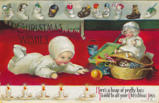 Clapsaddle Christmas Crawling Baby Toys Puppy Shoe Border A/S PC Emb Vtg c1915 picture
