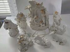 Porcelain Nativity 8 Piece Set In White With Gold Trim -Vintage picture