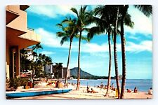 Old Postcard Hawaii Waikiki Beach Palm Trees Diamond Head Hotels Ocean picture