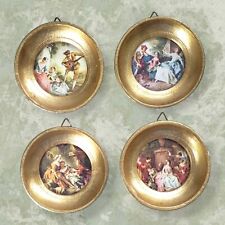 Vintage Italian Miniature Gold Tone Round Wood Framed Garden Party Themed Art picture