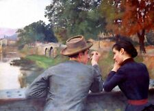 Oil painting Emile-Friant-Les-amoureux The-lovers on bridge landscape canvas art picture