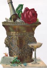 Large 1800's Victorian Die Cut Scrap -Bottle Champagne Rose Bucket -7 inches picture