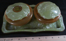 1930's Celluloid  Dresser Vanity Set Tray Marbled Green Art Deco 2 Jar Lid 5 pc picture