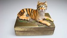 Vintage Petites Choses Tiger Figurine Reclining on Trinket Jewelry Box picture