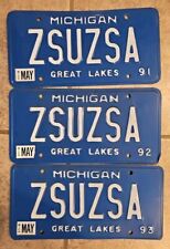 3 Michigan License Plates Great Lakes Blue ZSUZSA Custom Personalized Vanity 90s picture