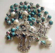 Lake Blue CLOISONNE & 10mm Real White Pearl BEAD ROSARY NECKLACE Italy cross picture