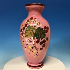 19th C. Pink Opaline Bristol Glass Vase with Enameled Flowers & Berries 12-3/4