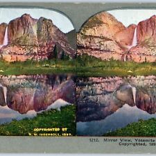 c1900s Yosemite Falls, California Mirror View Litho Photo Stereo Card V7 picture