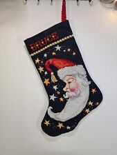 Santa Halfmoon and Stars Handmade Cross Stitch Christmas Stocking 