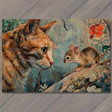 POSTCARD Cat And Mouse Unlikely Friends Illustration Retro Look Cute Funny picture